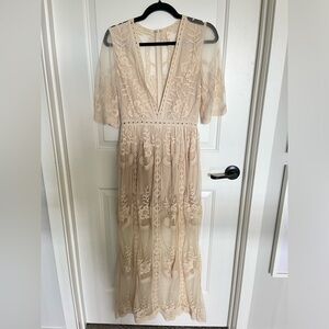 Wishlist Cream Ivory Lace Embroidered Deep V Low Cute Sheer Maxi Dress Romper S